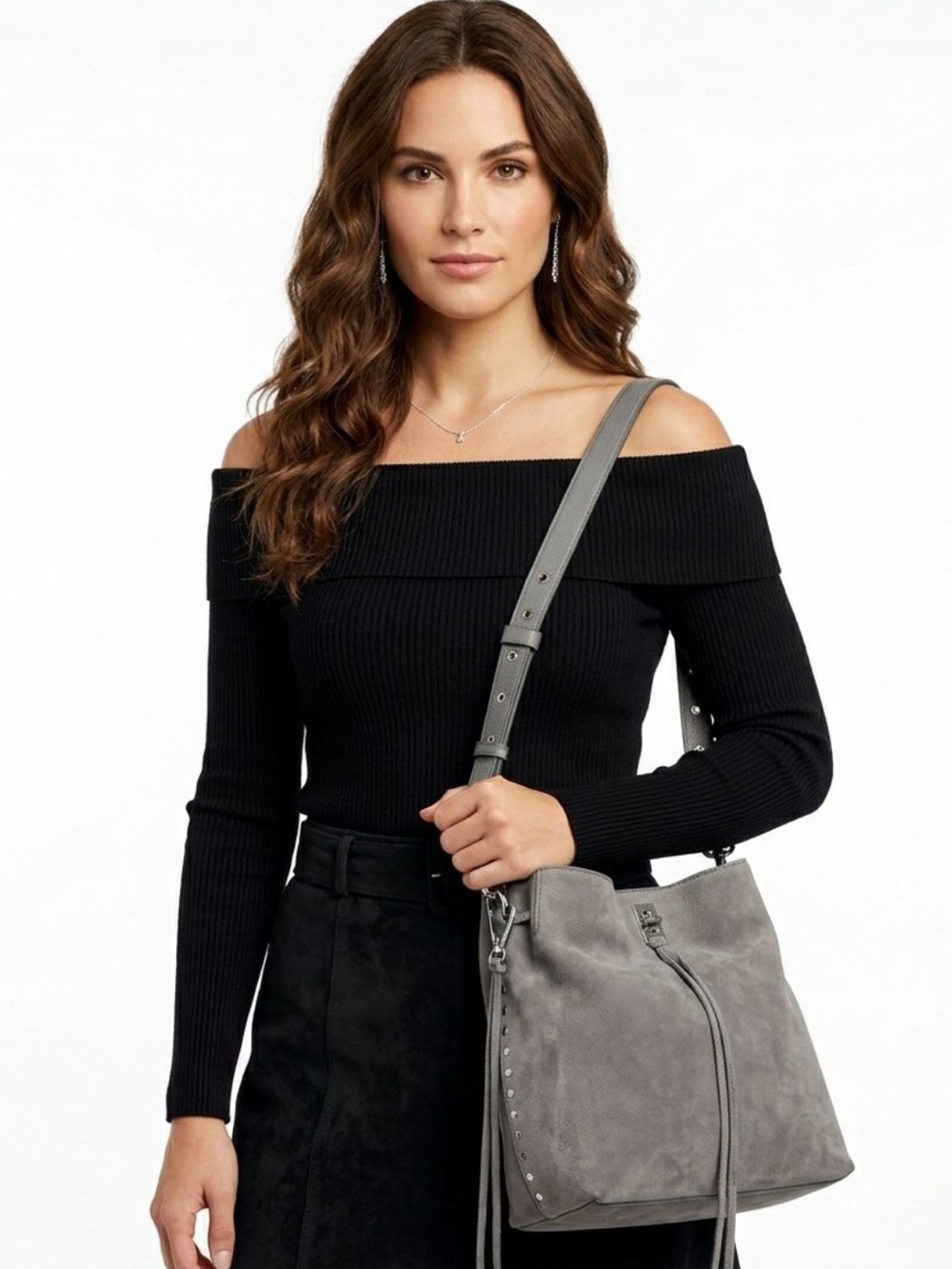 Rebecca Minkoff Darren Shoulder Bag Genuine Suede and Leather Straps Ice Grey